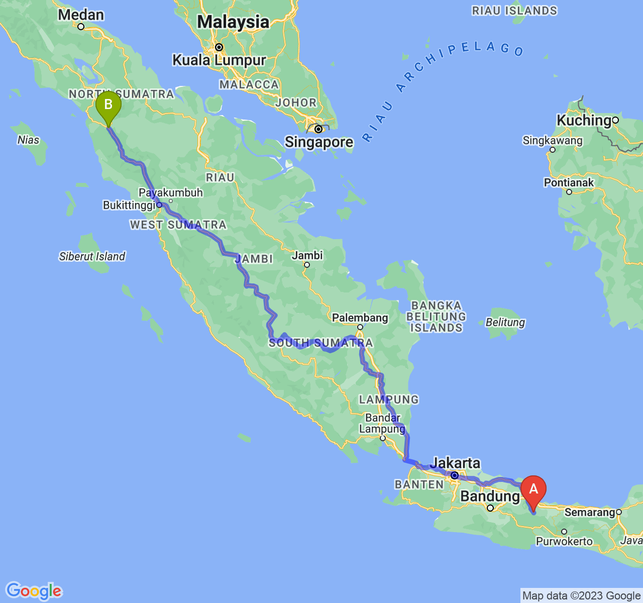 rute perjalanan Kab. Kuningan-Kota Padang Sidimpuan