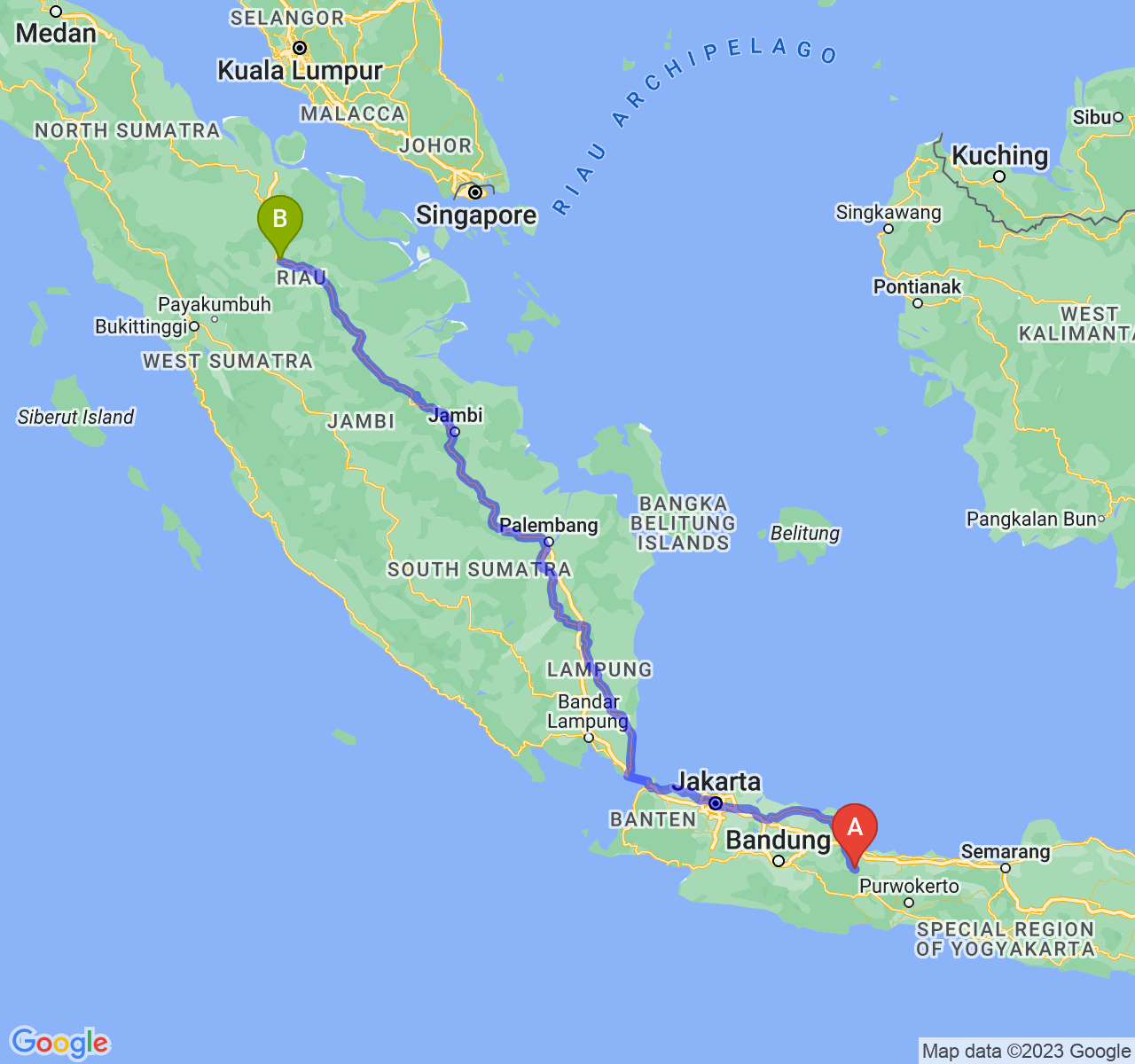 rute perjalanan Kab. Kuningan-Kota Pekanbaru