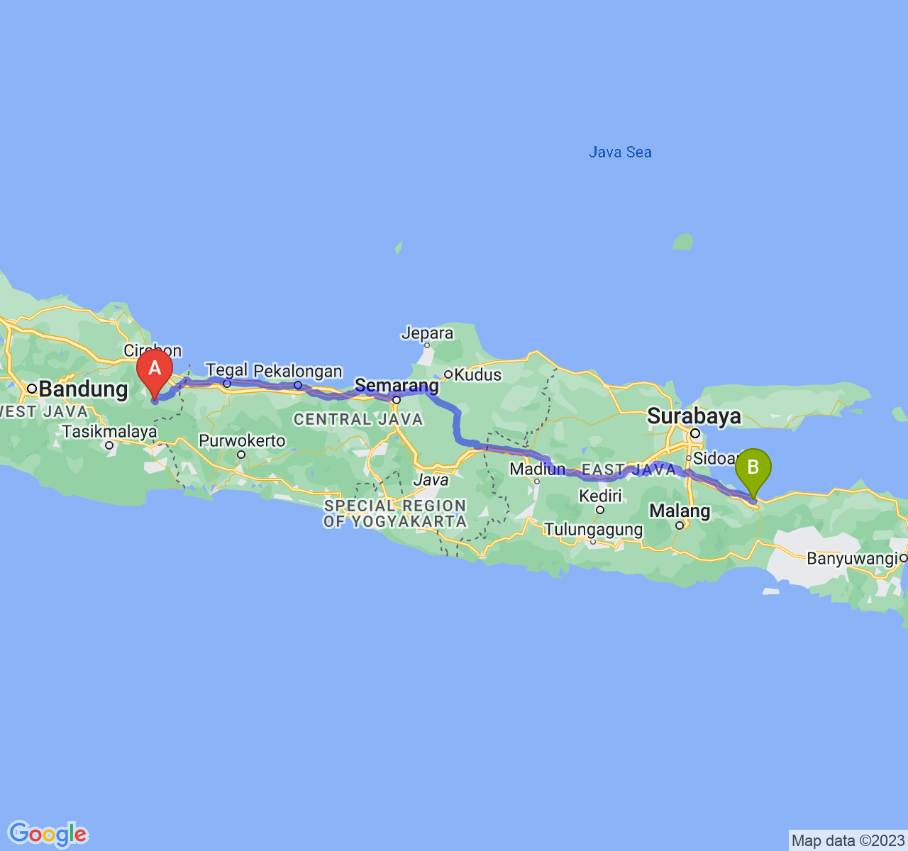 rute perjalanan Kab. Kuningan-Kota Probolinggo