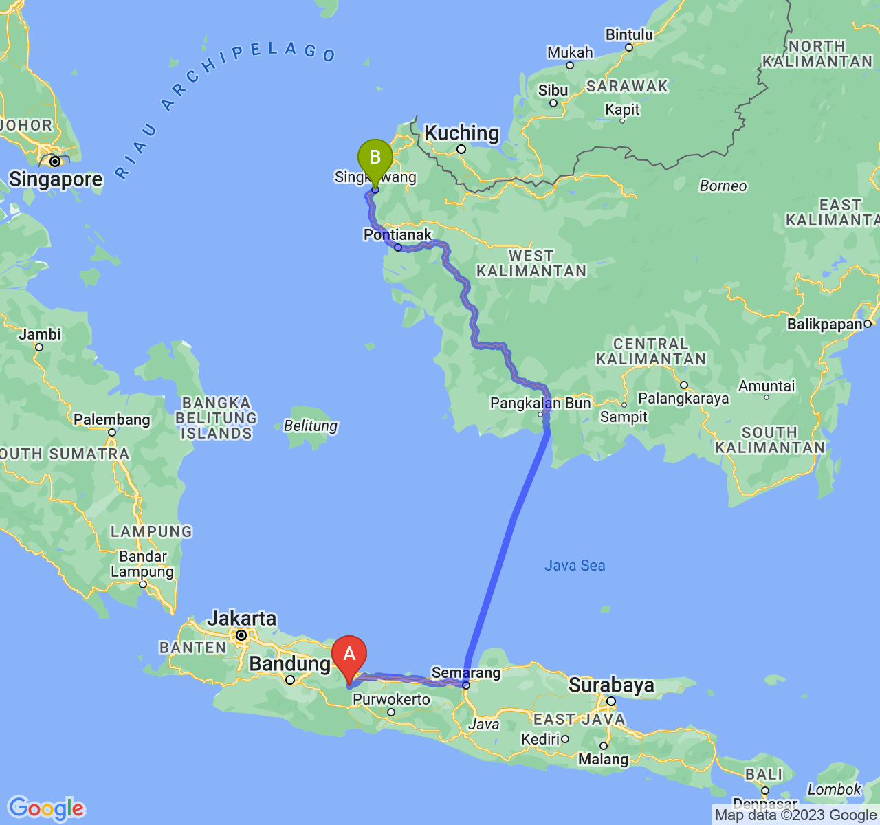 rute perjalanan Kab. Kuningan-Kota Singkawang