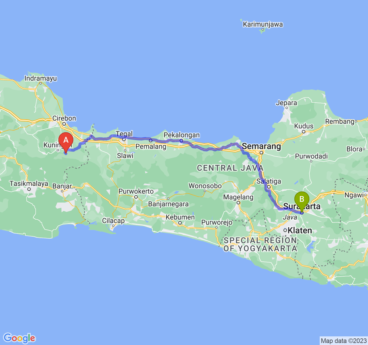 rute perjalanan Kab. Kuningan-Kota Surakarta