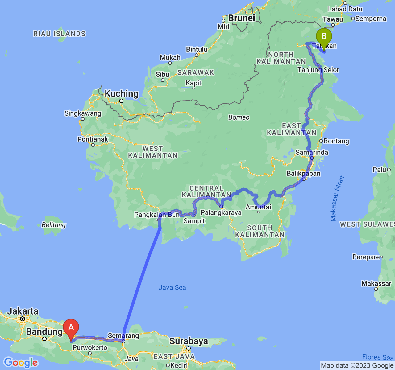 rute perjalanan Kab. Kuningan-Kota Tarakan