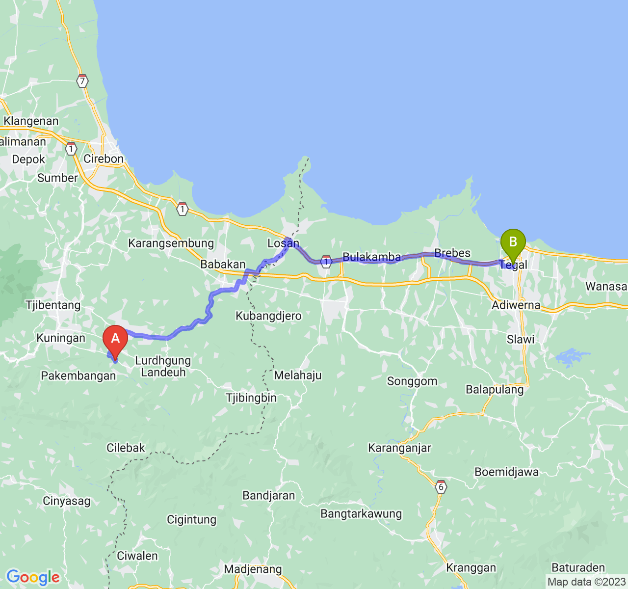 rute perjalanan Kab. Kuningan-Kota Tegal