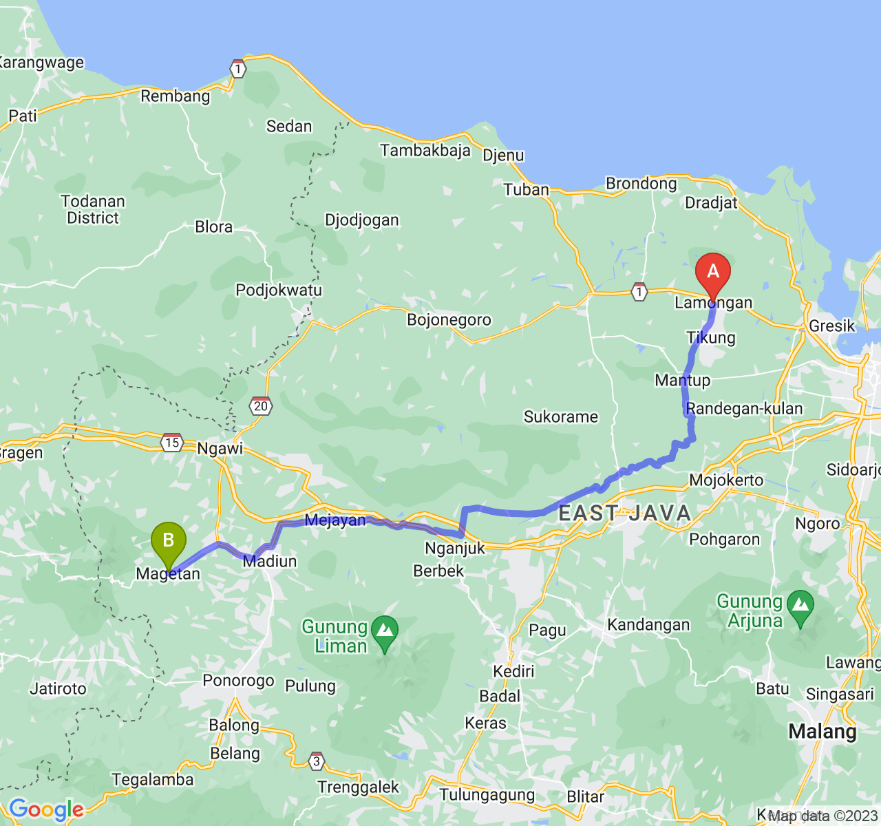 rute perjalanan Kab. Lamongan-Kab. Magetan