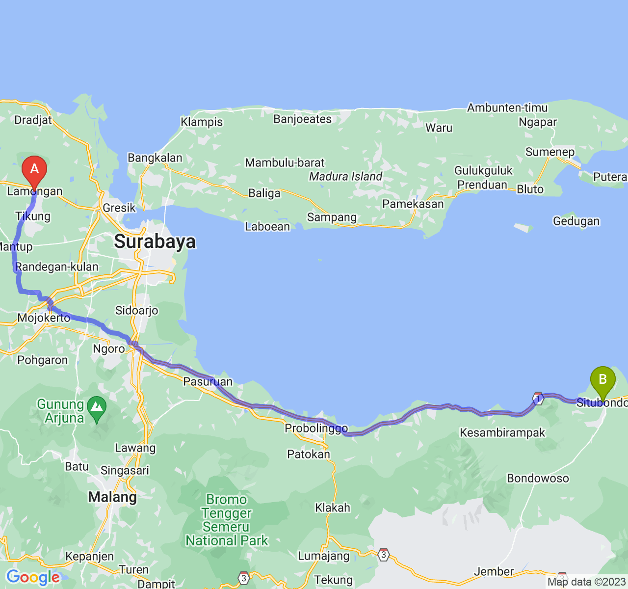 rute perjalanan Kab. Lamongan-Kab. Situbondo