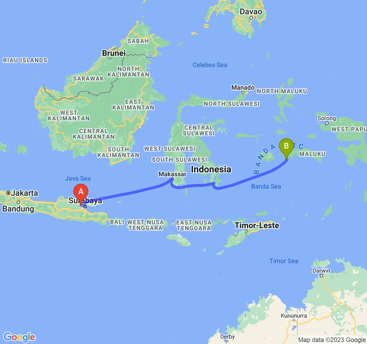 rute perjalanan Kab. Lamongan-Kota Ambon