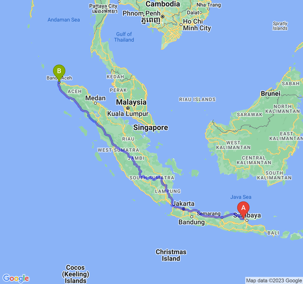 rute perjalanan Kab. Lamongan-Kota Banda Aceh