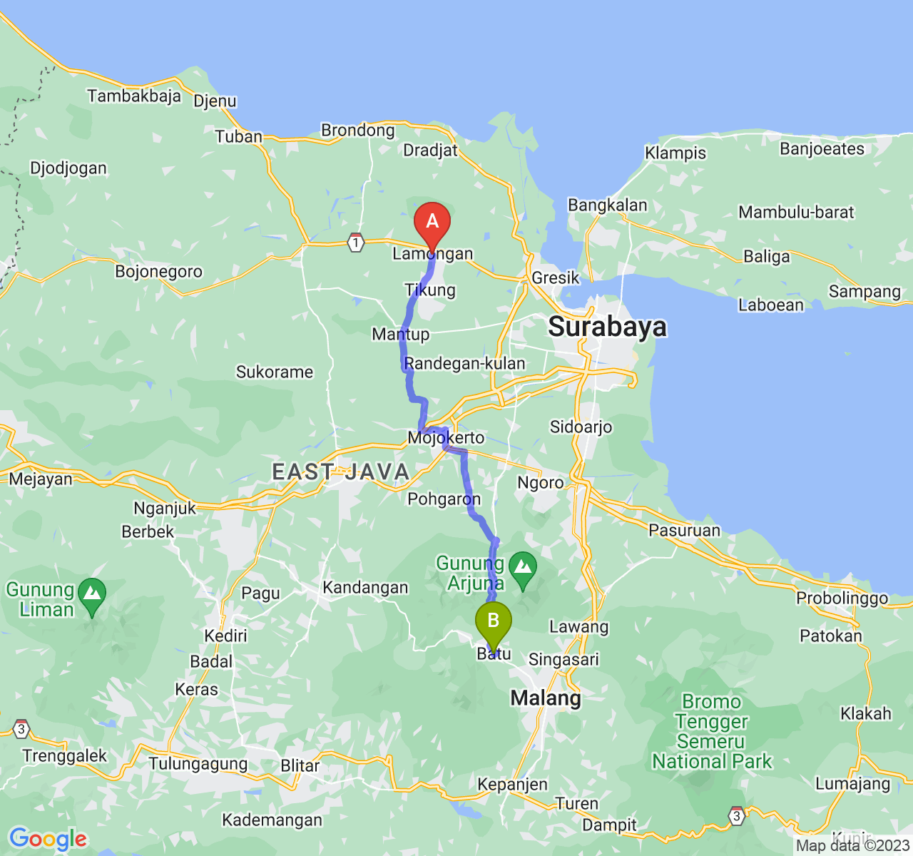 rute perjalanan Kab. Lamongan-Kota Batu