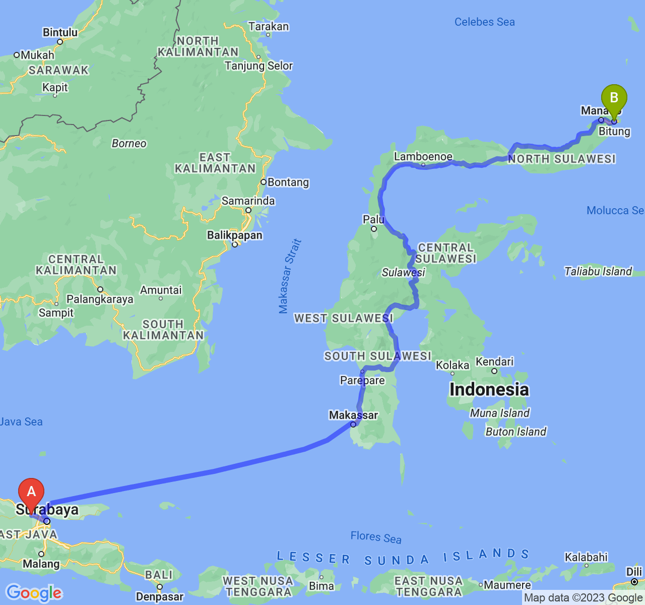 rute perjalanan Kab. Lamongan-Kota Bitung