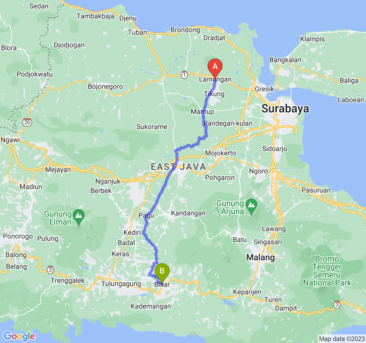 rute perjalanan Kab. Lamongan-Kota Blitar