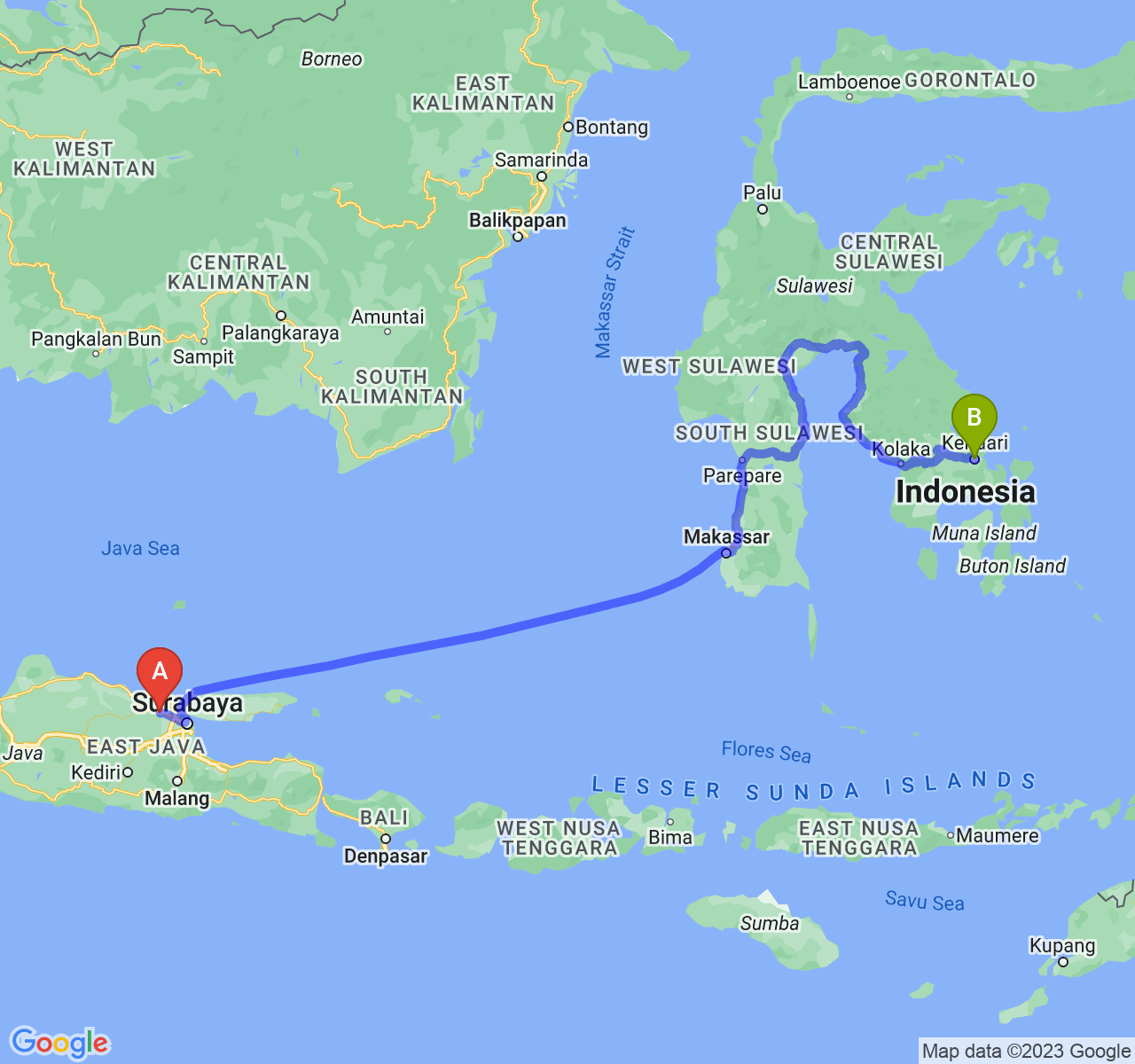 rute perjalanan Kab. Lamongan-Kota Kendari