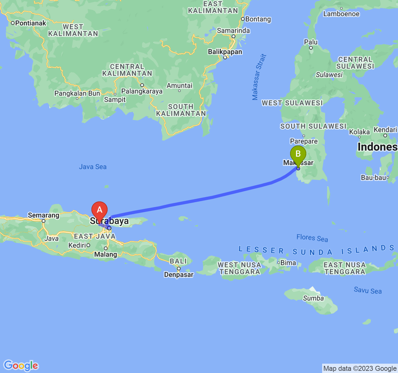 rute perjalanan Kab. Lamongan-Kota Makassar