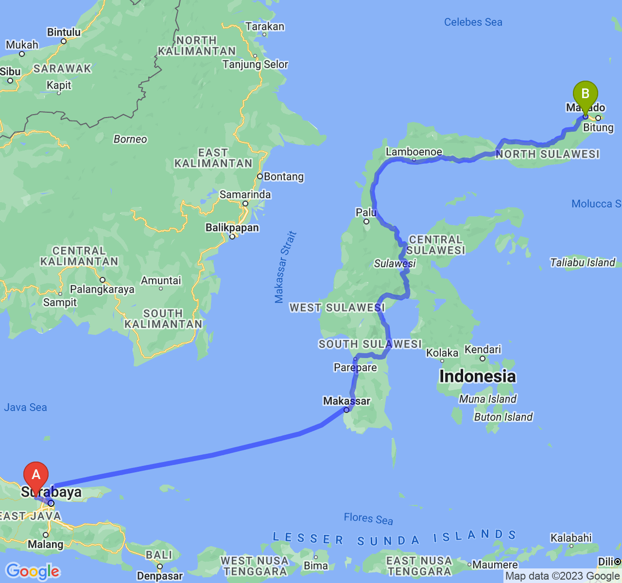 rute perjalanan Kab. Lamongan-Kota Manado