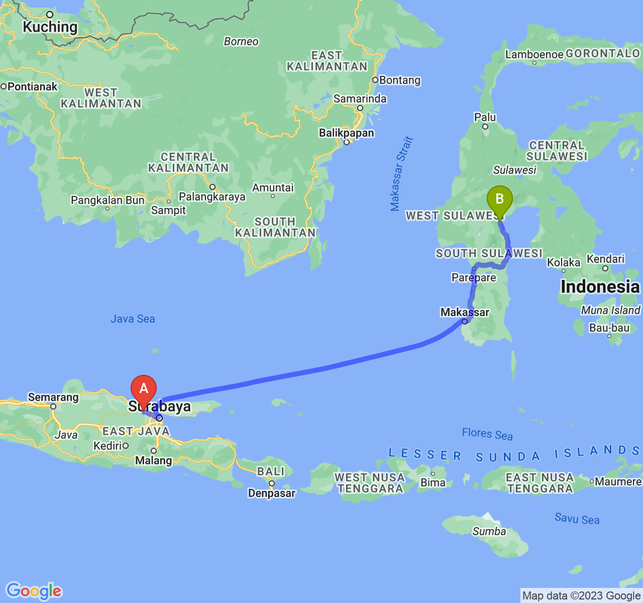 rute perjalanan Kab. Lamongan-Kota Palopo