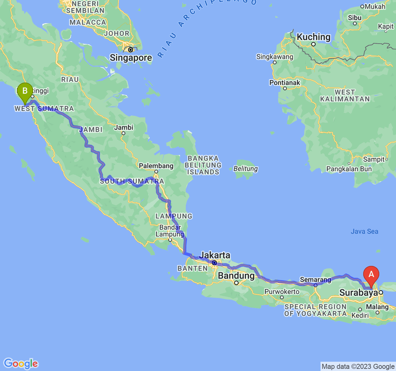 rute perjalanan Kab. Lamongan-Kota Pariaman