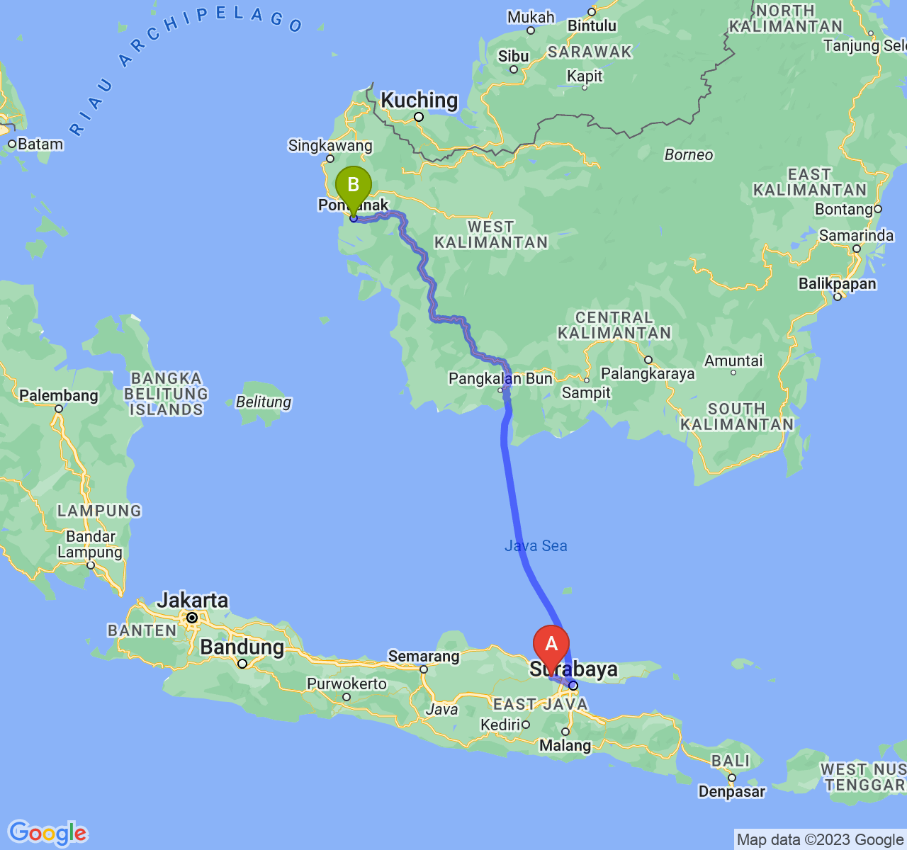 rute perjalanan Kab. Lamongan-Kota Pontianak