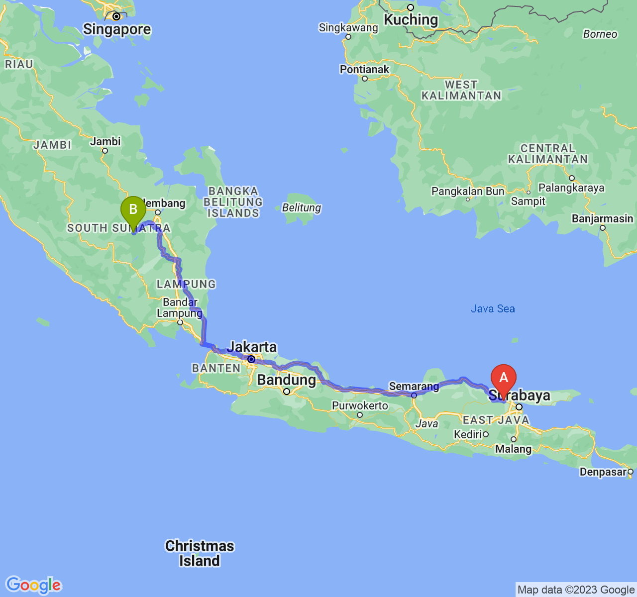 rute perjalanan Kab. Lamongan-Kota Prabumulih