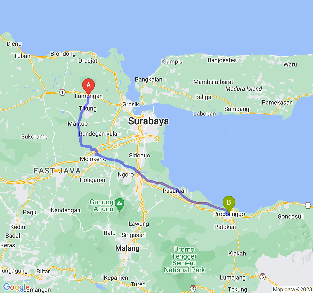 rute perjalanan Kab. Lamongan-Kota Probolinggo