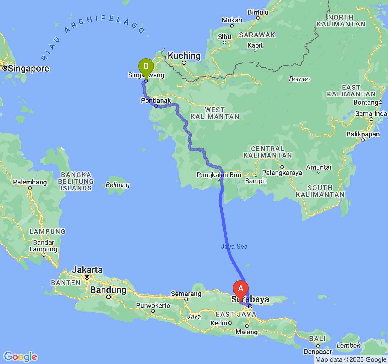 rute perjalanan Kab. Lamongan-Kota Singkawang