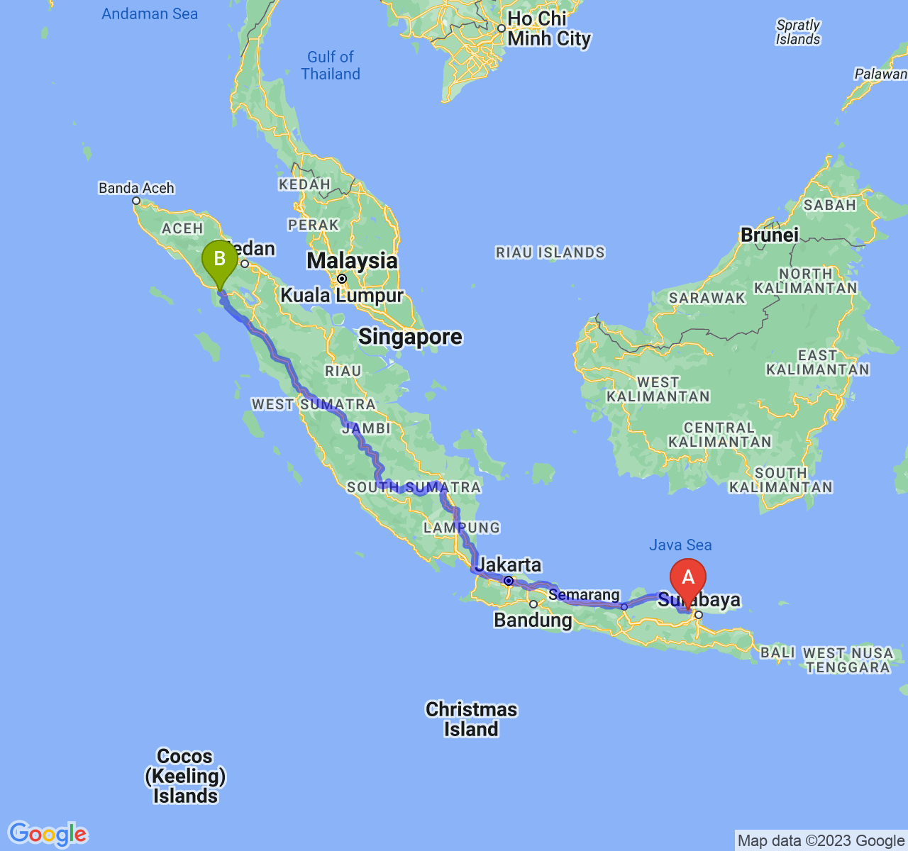 rute perjalanan Kab. Lamongan-Kota Subulussalam