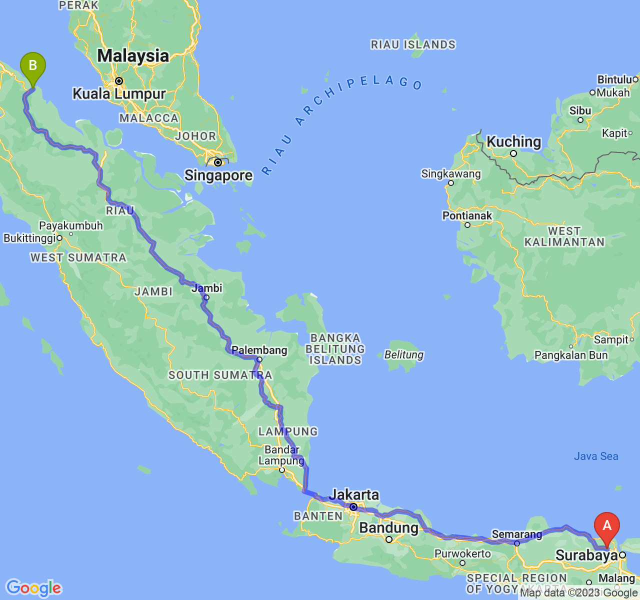 rute perjalanan Kab. Lamongan-Kota Tanjung Balai