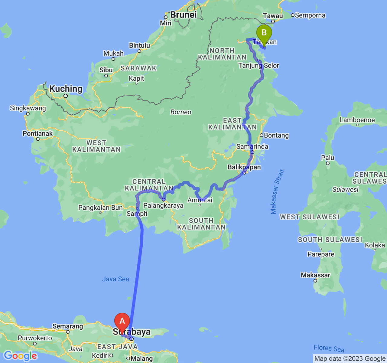 rute perjalanan Kab. Lamongan-Kota Tarakan