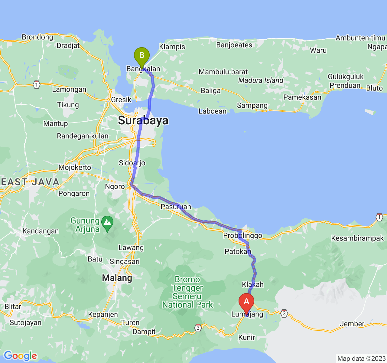 rute perjalanan Kab. Lumajang-Kab. Bangkalan