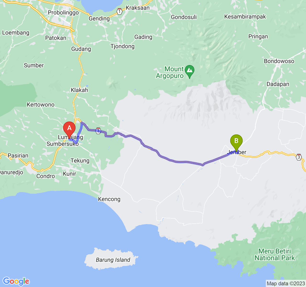 rute perjalanan Kab. Lumajang-Kab. Jember