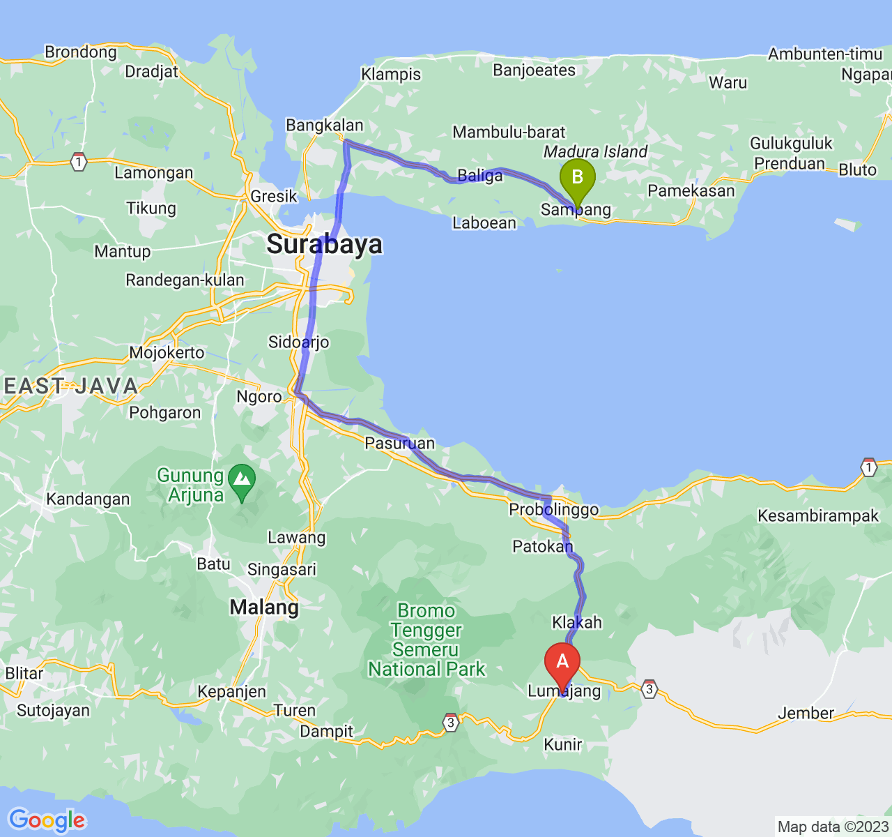 rute perjalanan Kab. Lumajang-Kab. Sampang