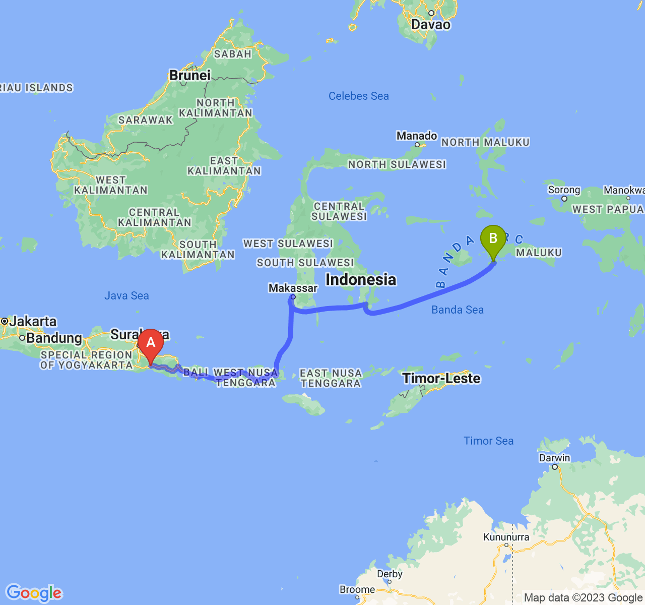 rute perjalanan Kab. Lumajang-Kota Ambon