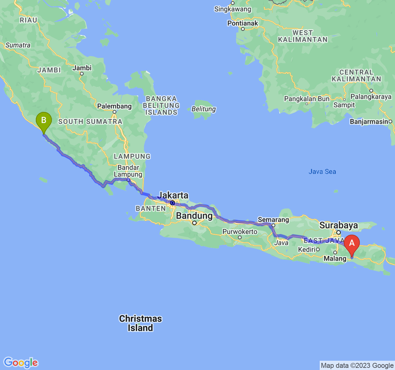 rute perjalanan Kab. Lumajang-Kota Bengkulu