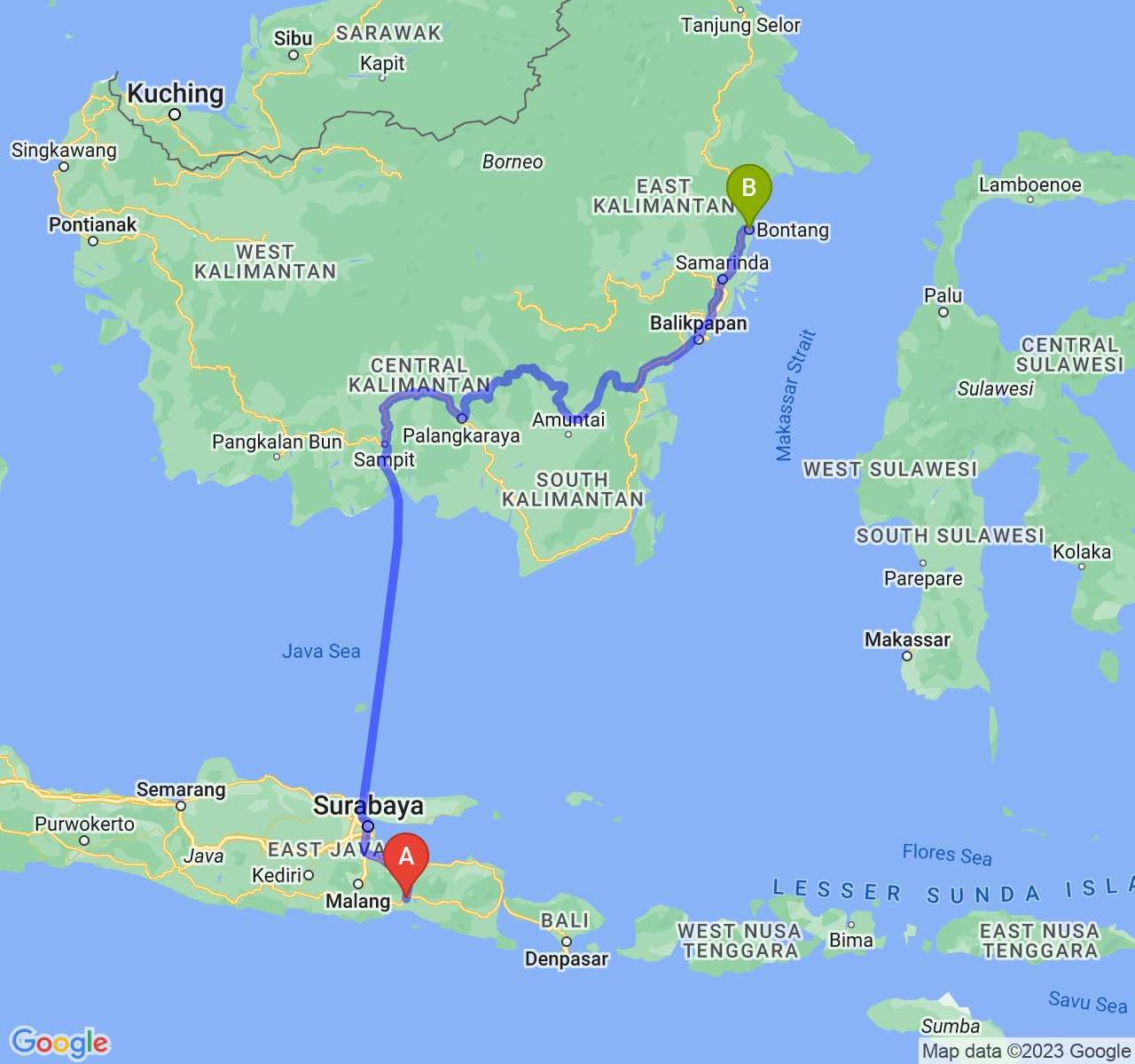 rute perjalanan Kab. Lumajang-Kota Bontang