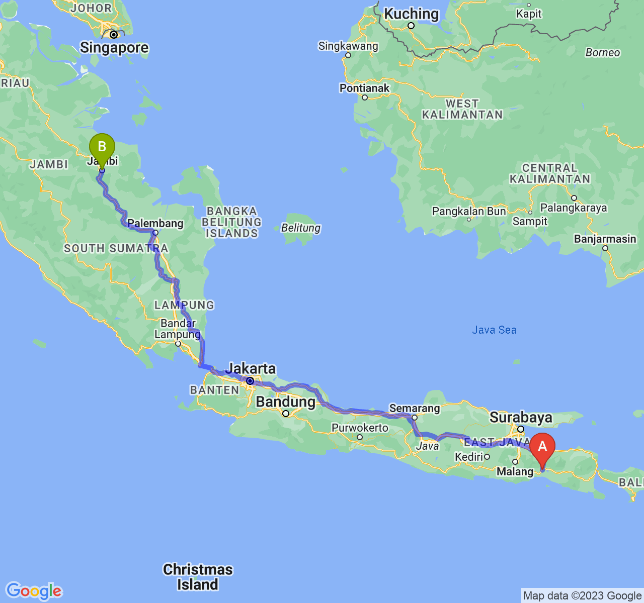 rute perjalanan Kab. Lumajang-Kota Jambi