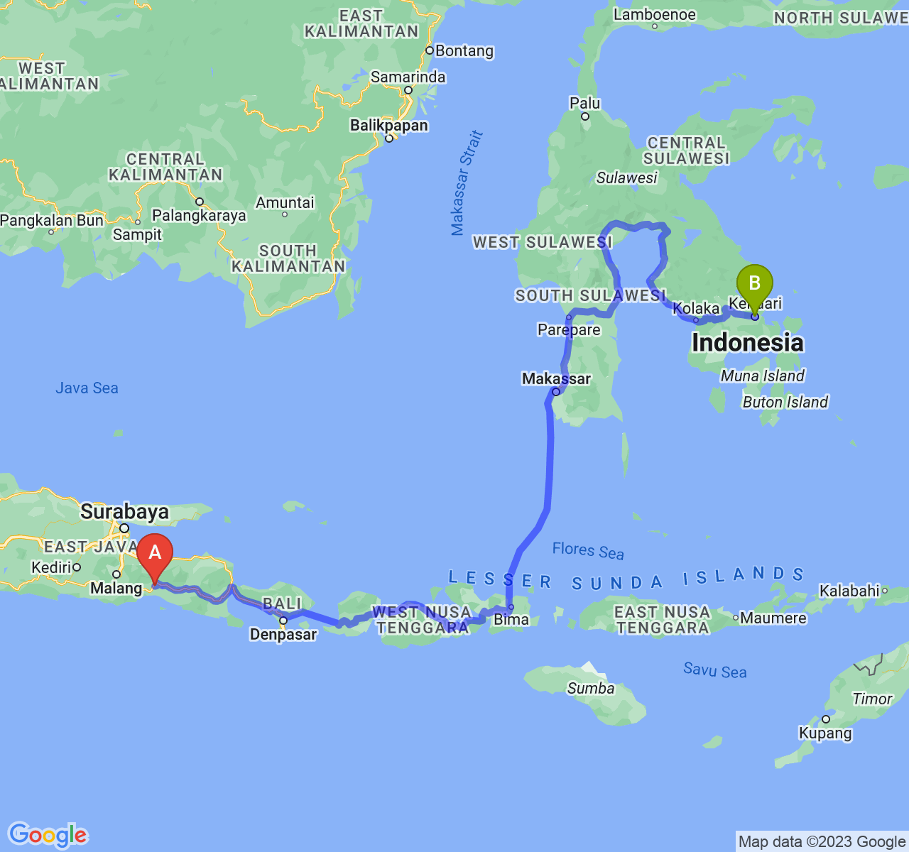 rute perjalanan Kab. Lumajang-Kota Kendari