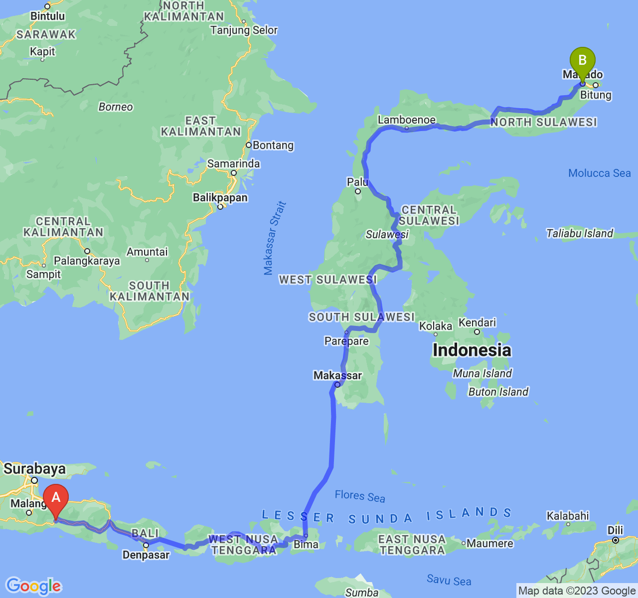 rute perjalanan Kab. Lumajang-Kota Manado