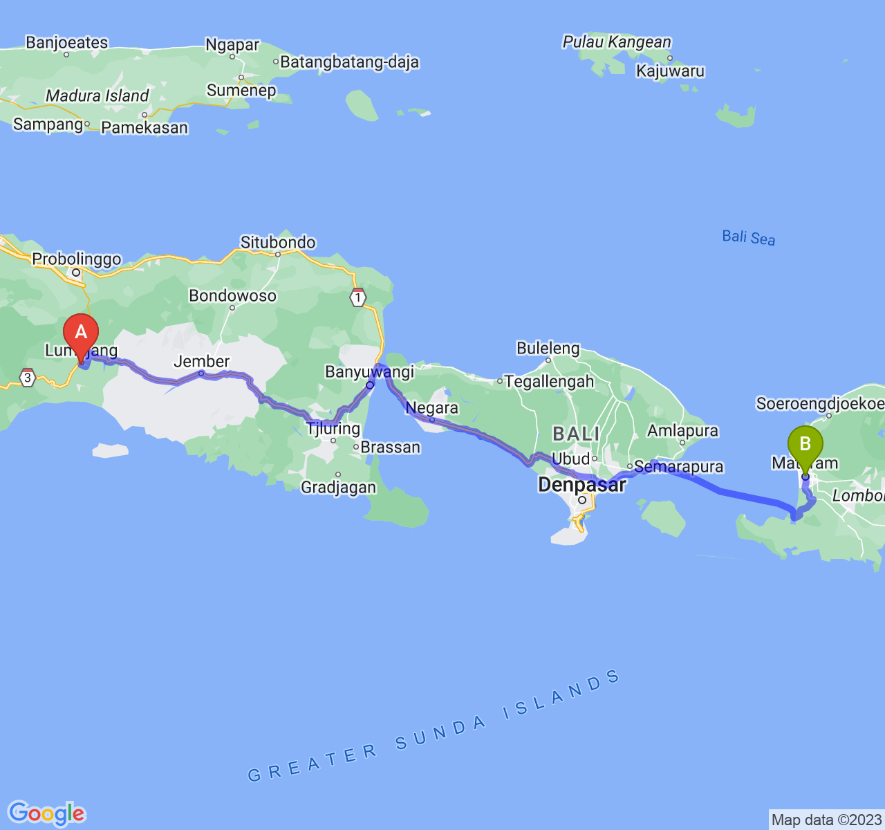 rute perjalanan Kab. Lumajang-Kota Mataram