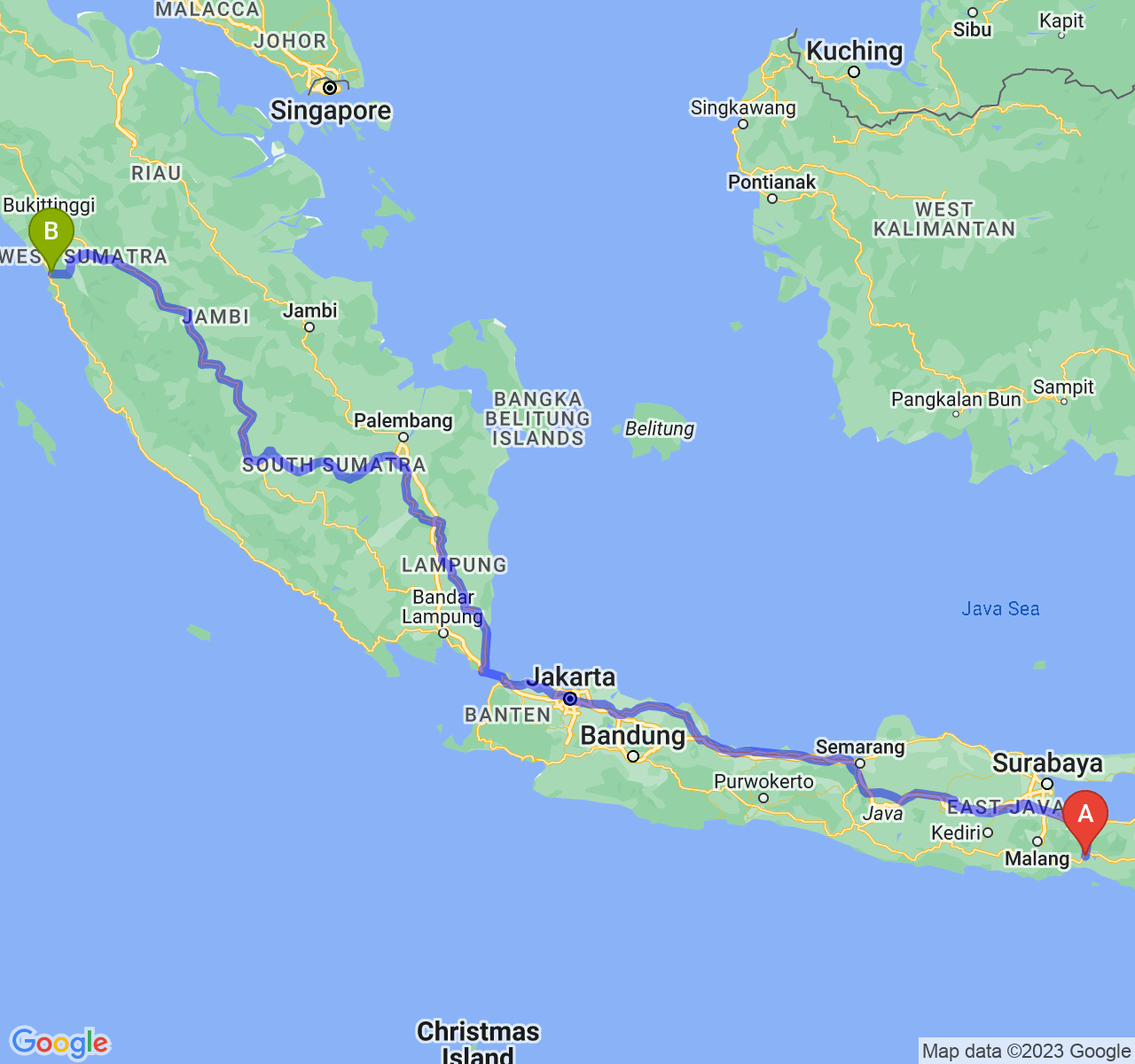 rute perjalanan Kab. Lumajang-Kota Padang