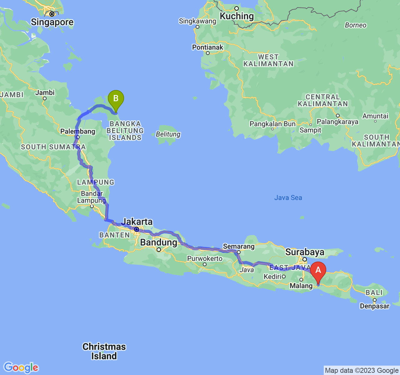 rute perjalanan Kab. Lumajang-Kota Pangkalpinang