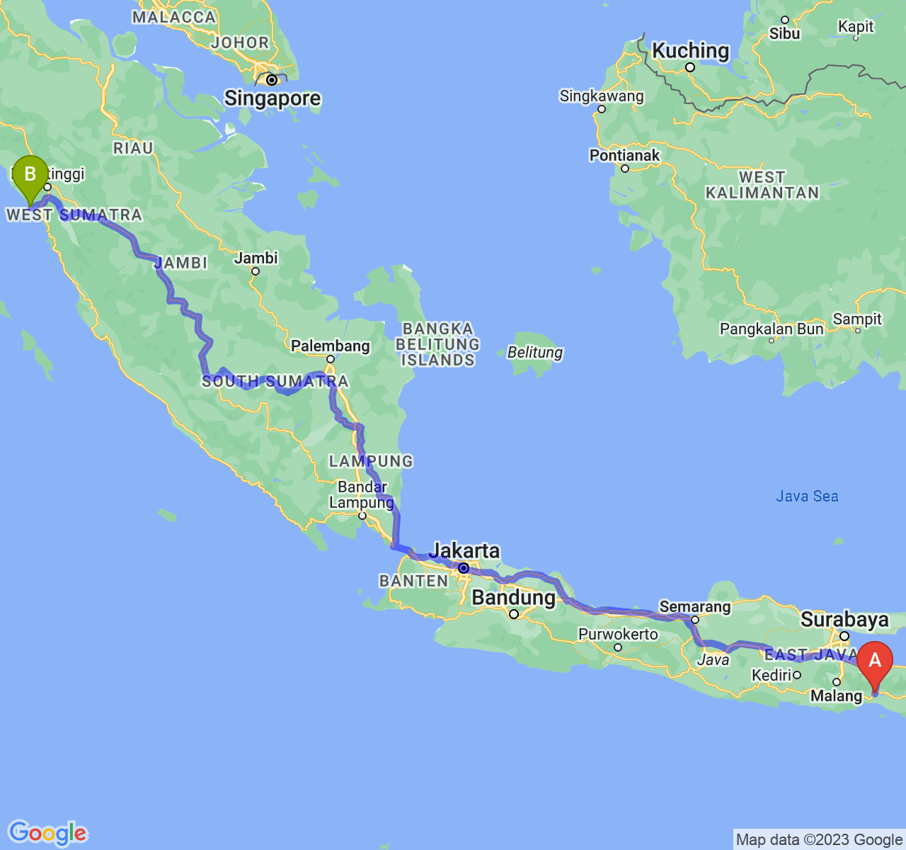 rute perjalanan Kab. Lumajang-Kota Pariaman