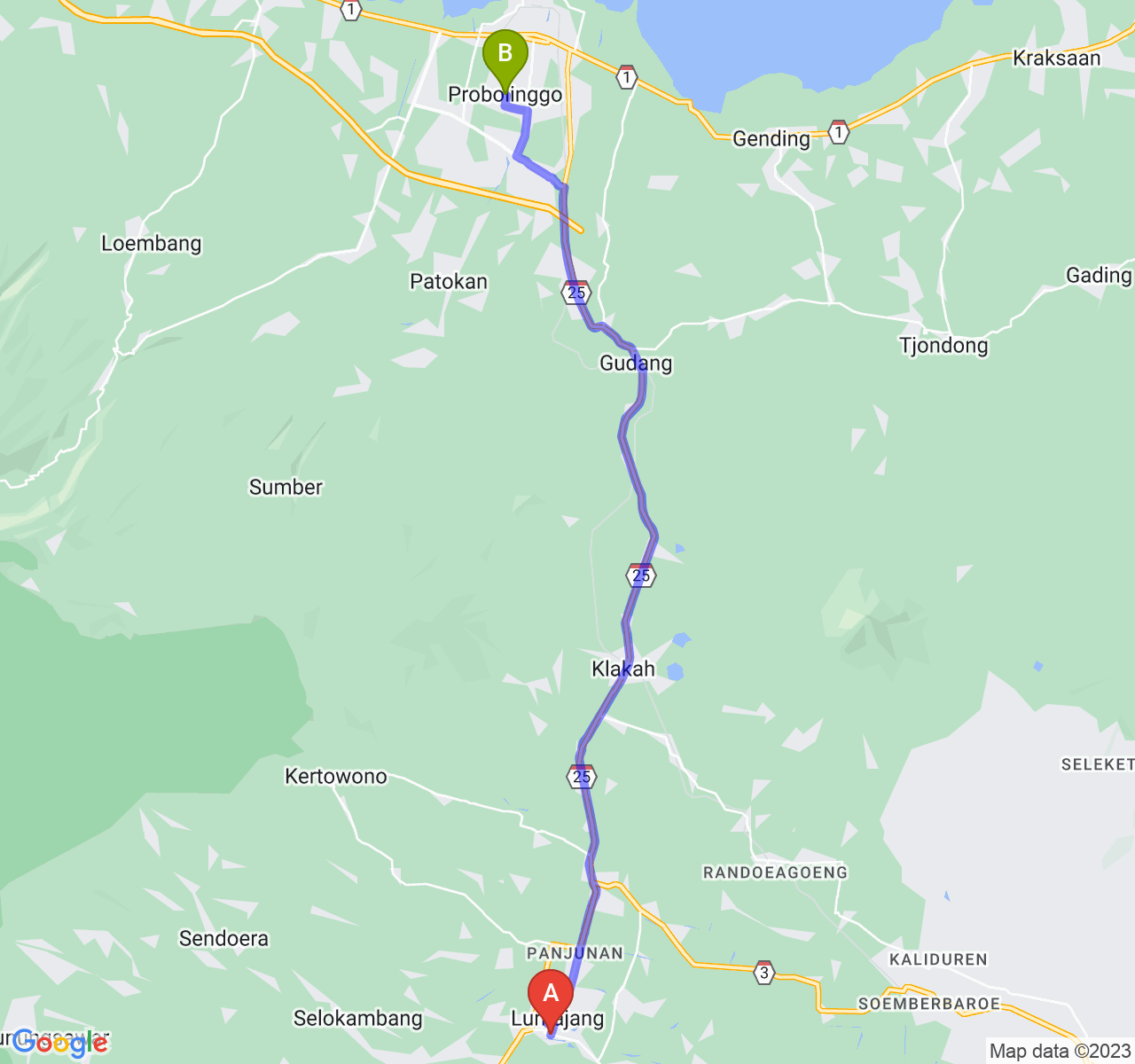 rute perjalanan Kab. Lumajang-Kota Probolinggo