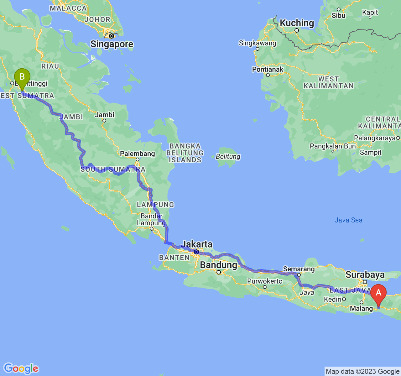 rute perjalanan Kab. Lumajang-Kota Sawah Lunto