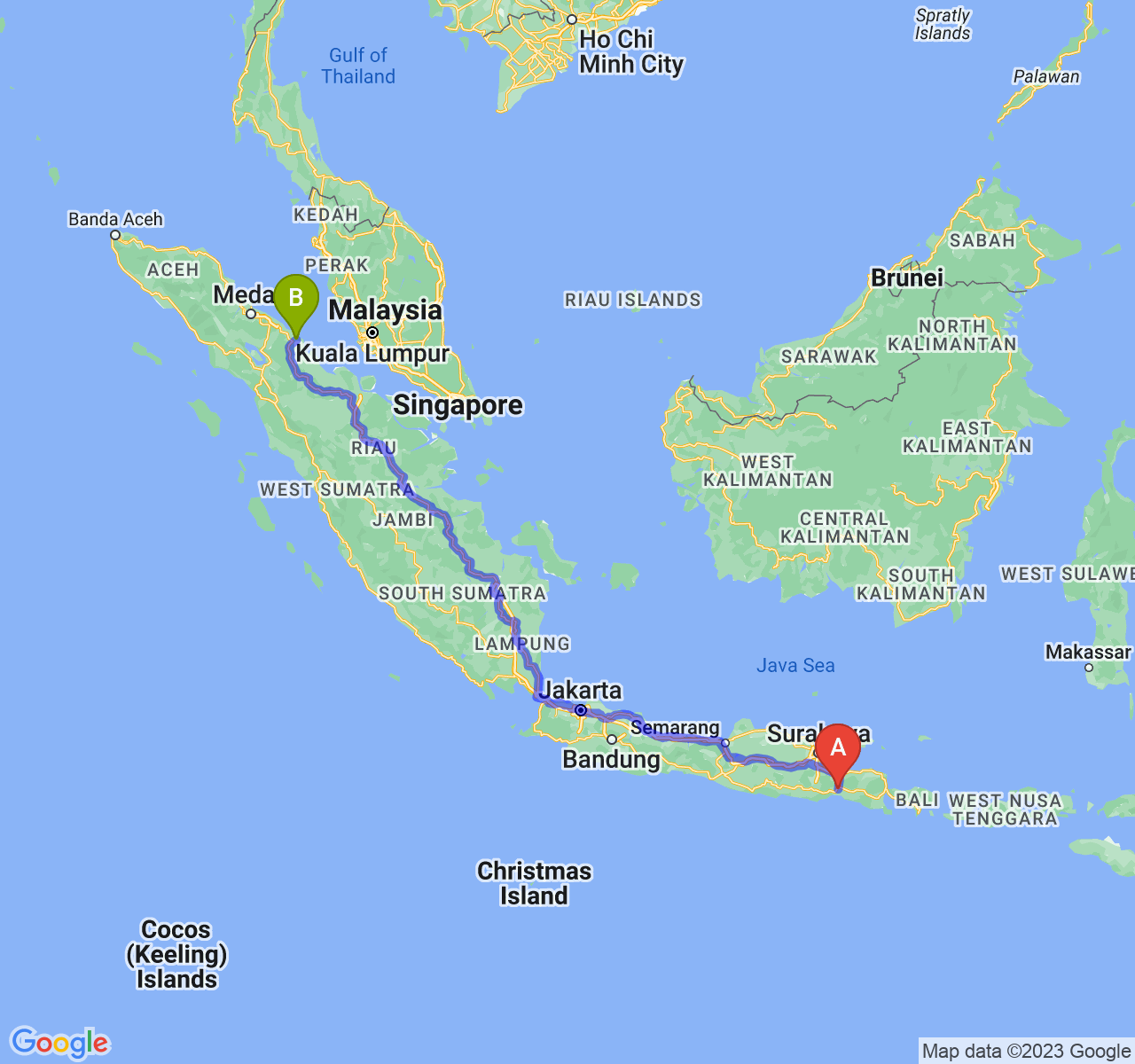 rute perjalanan Kab. Lumajang-Kota Tanjung Balai