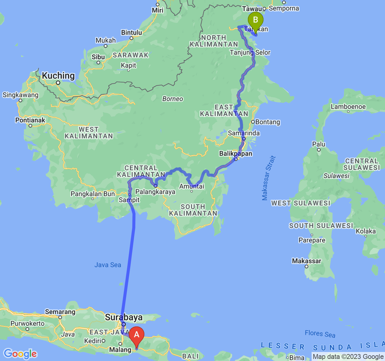 rute perjalanan Kab. Lumajang-Kota Tarakan