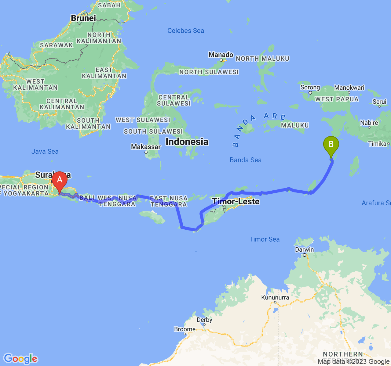 rute perjalanan Kab. Lumajang-Kota Tual