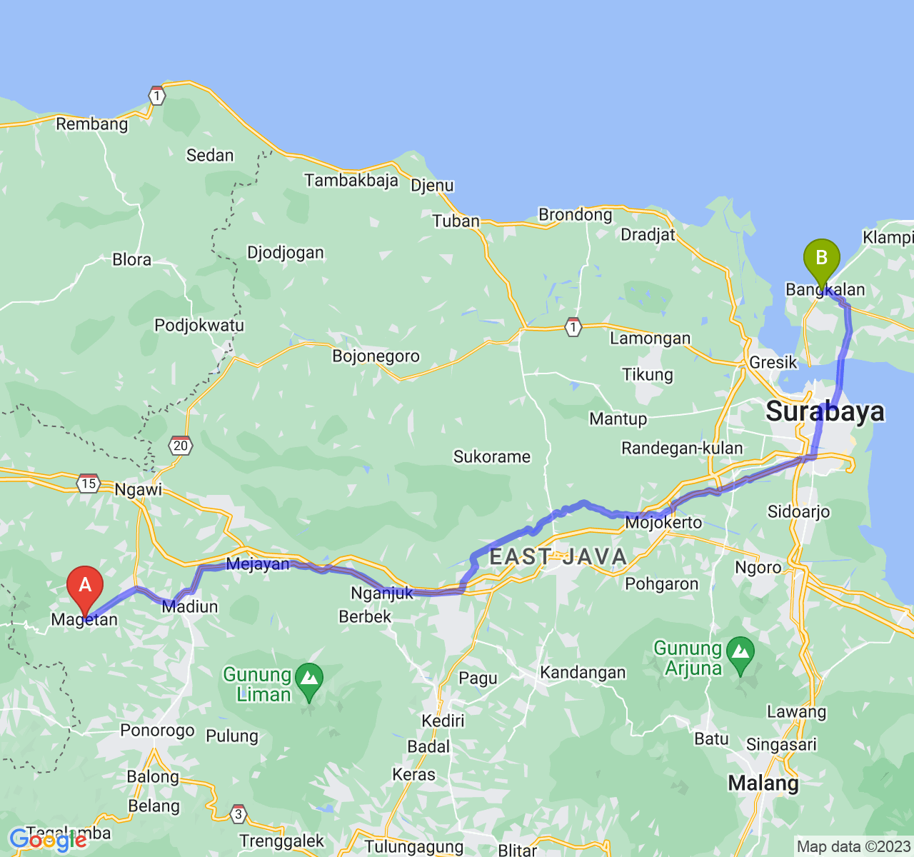 rute perjalanan Kab. Magetan-Kab. Bangkalan