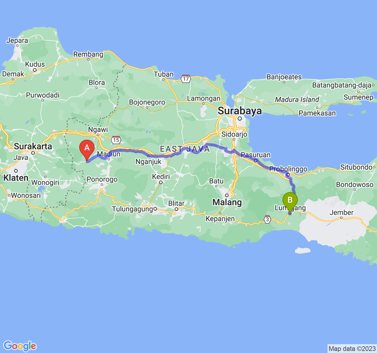 rute perjalanan Kab. Magetan-Kab. Lumajang