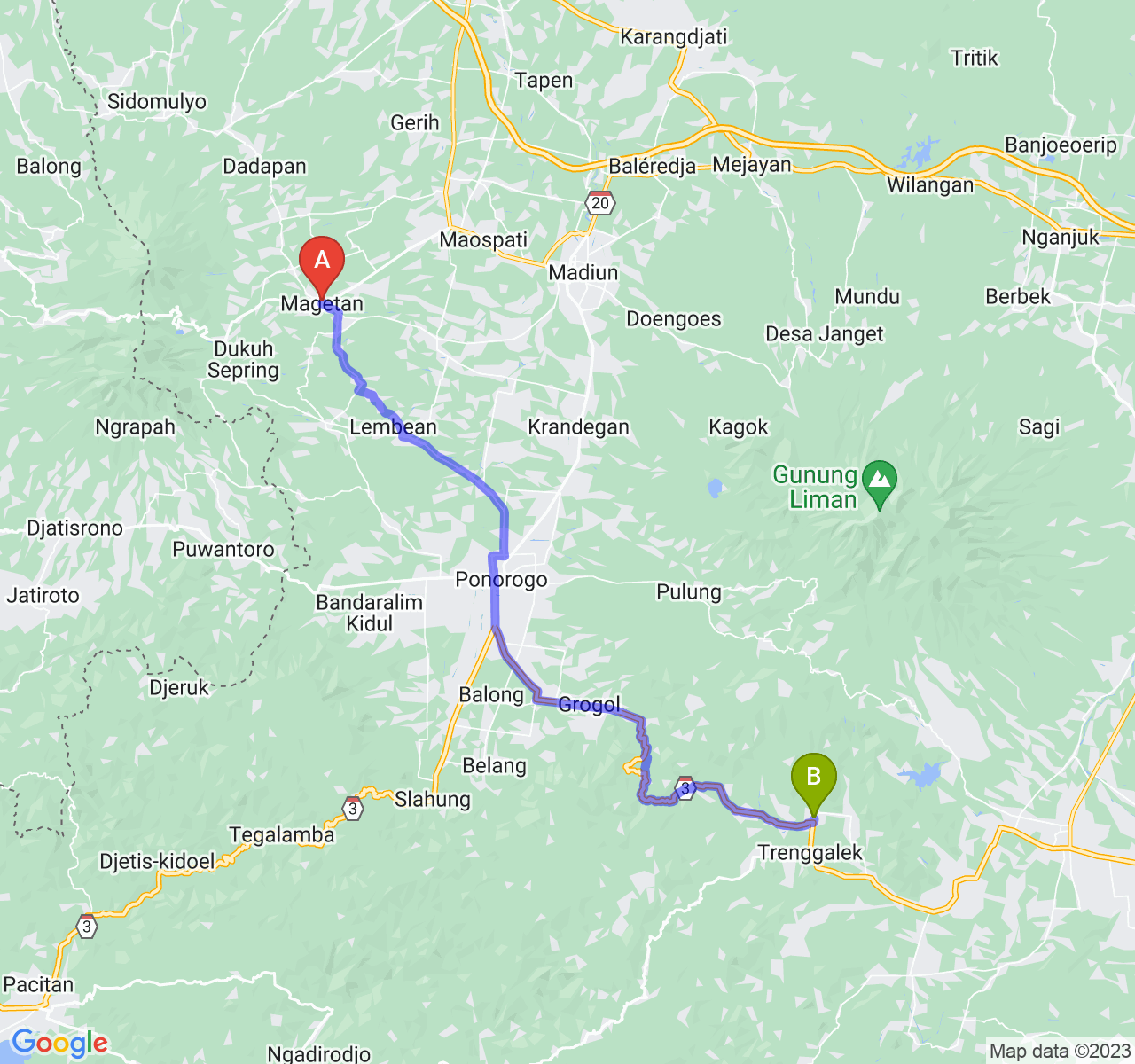 rute perjalanan Kab. Magetan-Kab. Trenggalek