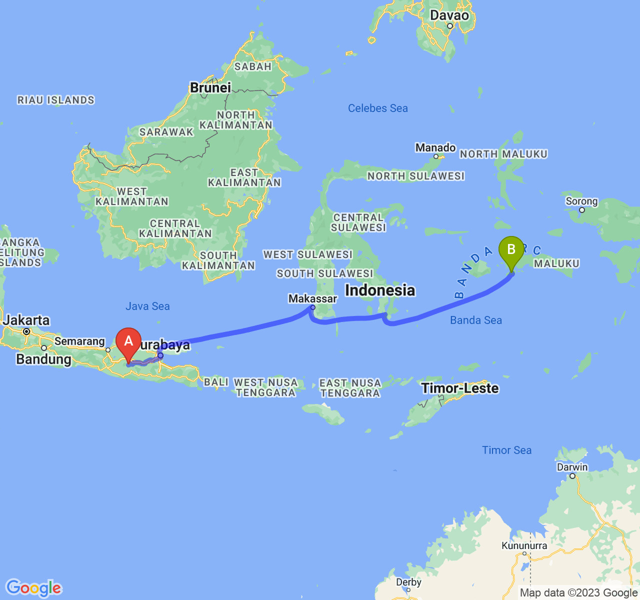 rute perjalanan Kab. Magetan-Kota Ambon