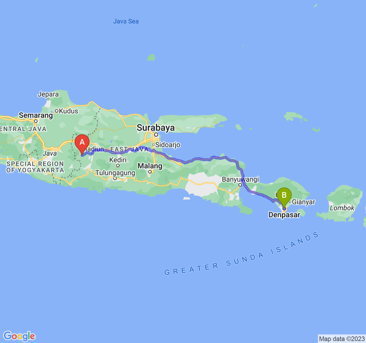 rute perjalanan Kab. Magetan-Kota Denpasar