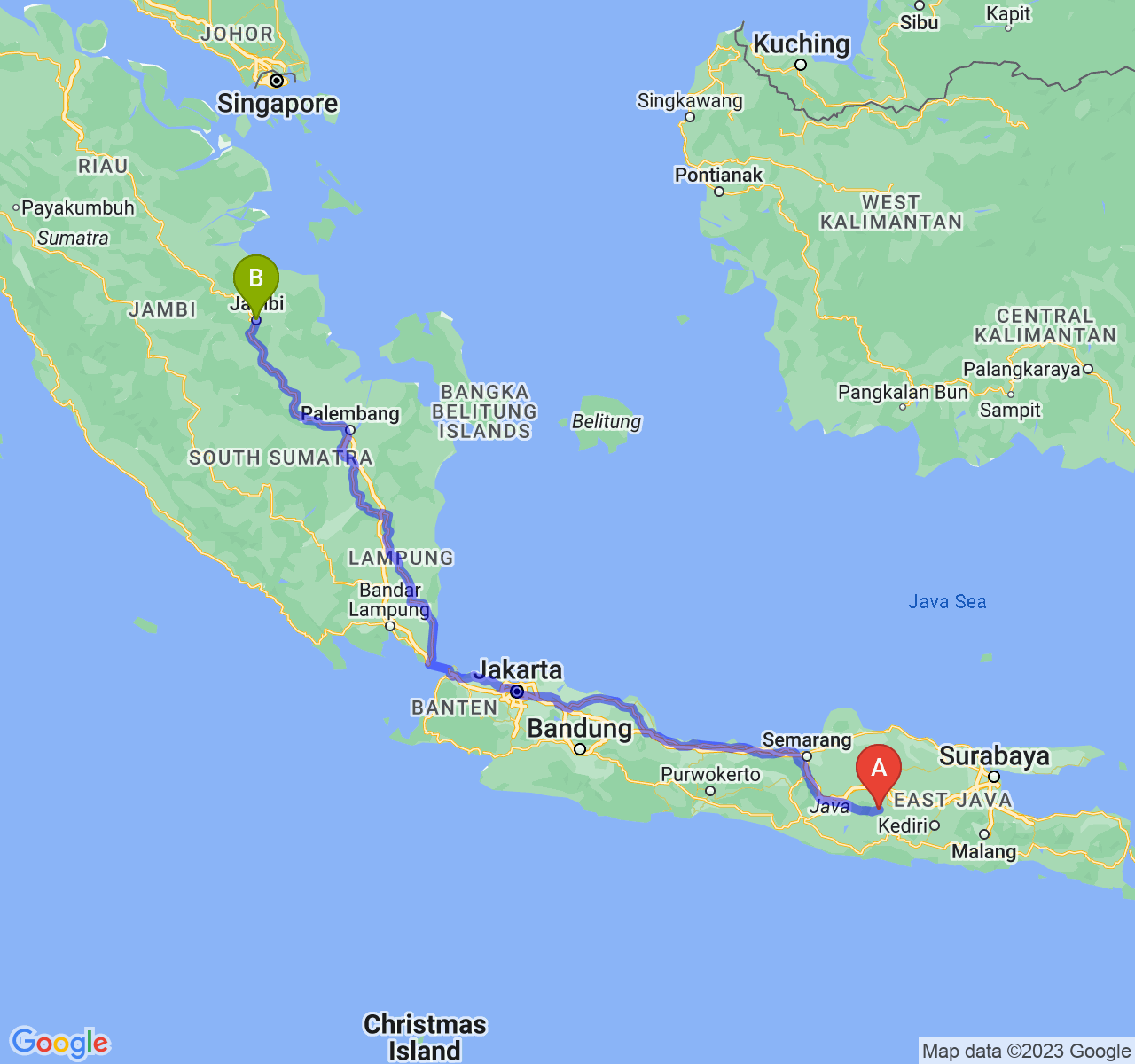 rute perjalanan Kab. Magetan-Kota Jambi